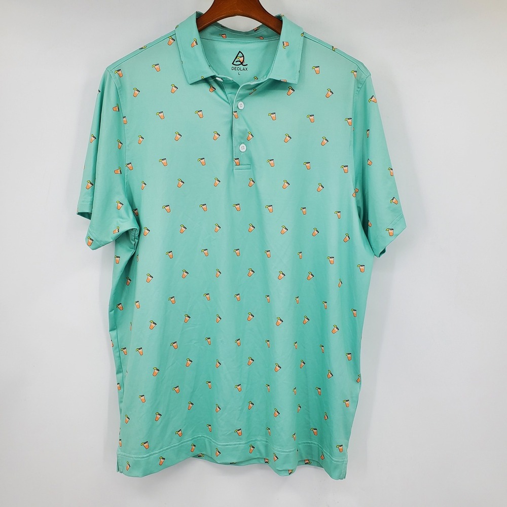 Deolax Large Mint Green Cocktail Print Golf Polo Shirt Short Sleeve Performance